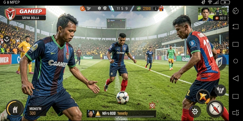 Tampilan gameplay GAMERP yang realistis dengan aksi sepak bola mendebarkan.