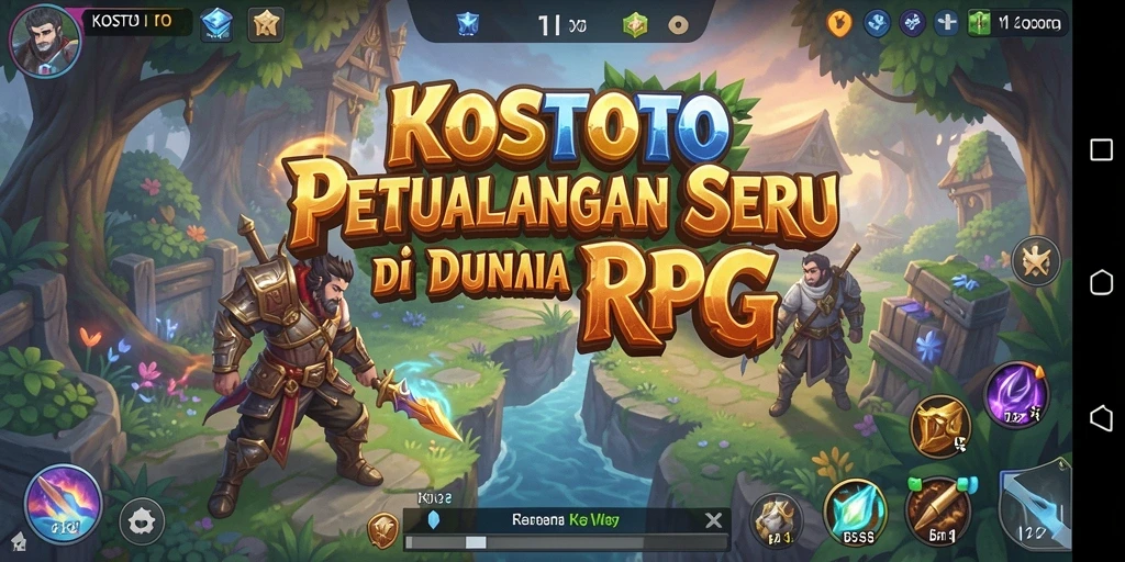 Tangkapan layar utama KOSTOTO menampilkan serunya pertarungan RPG yang intens.